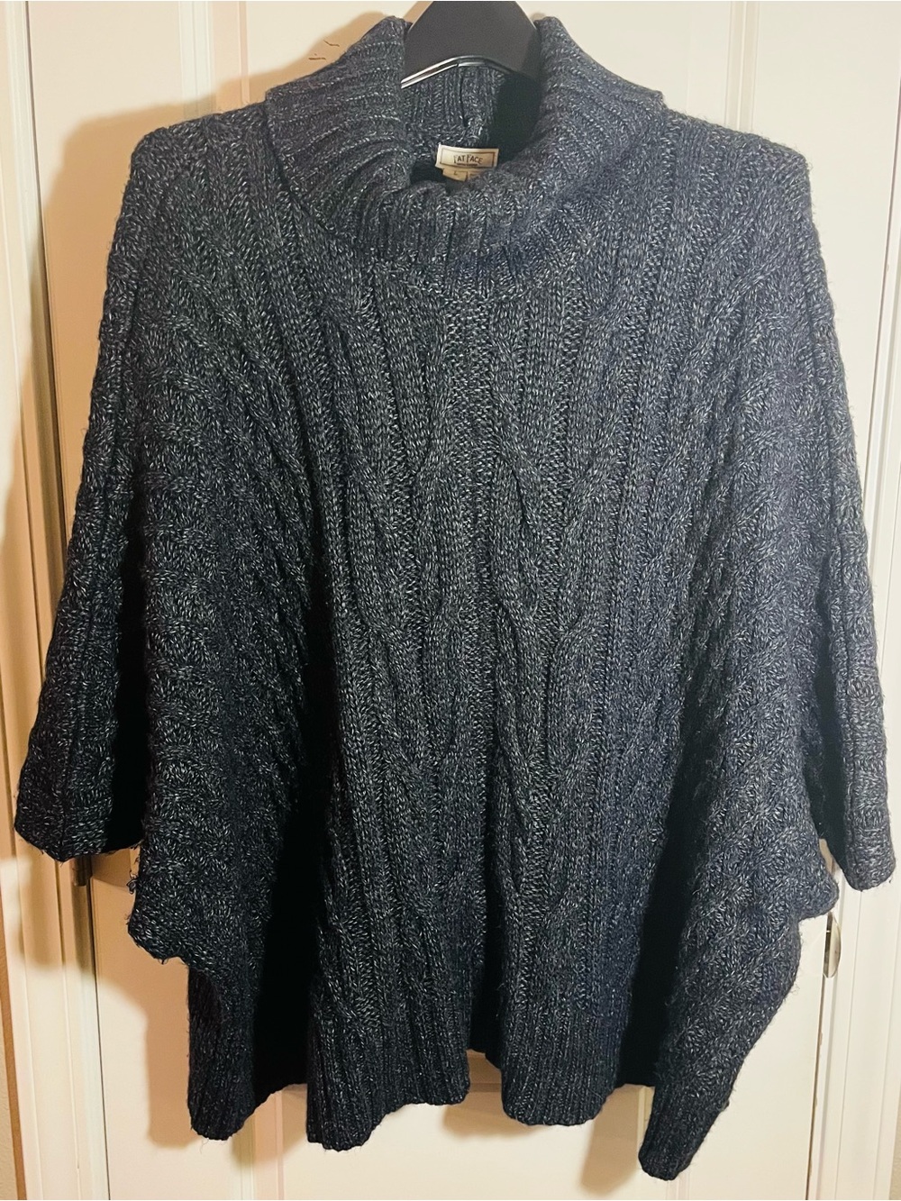 Fat Face Navy Blue with White Marled Cable-Knit Turtleneck Poncho Sweater Large